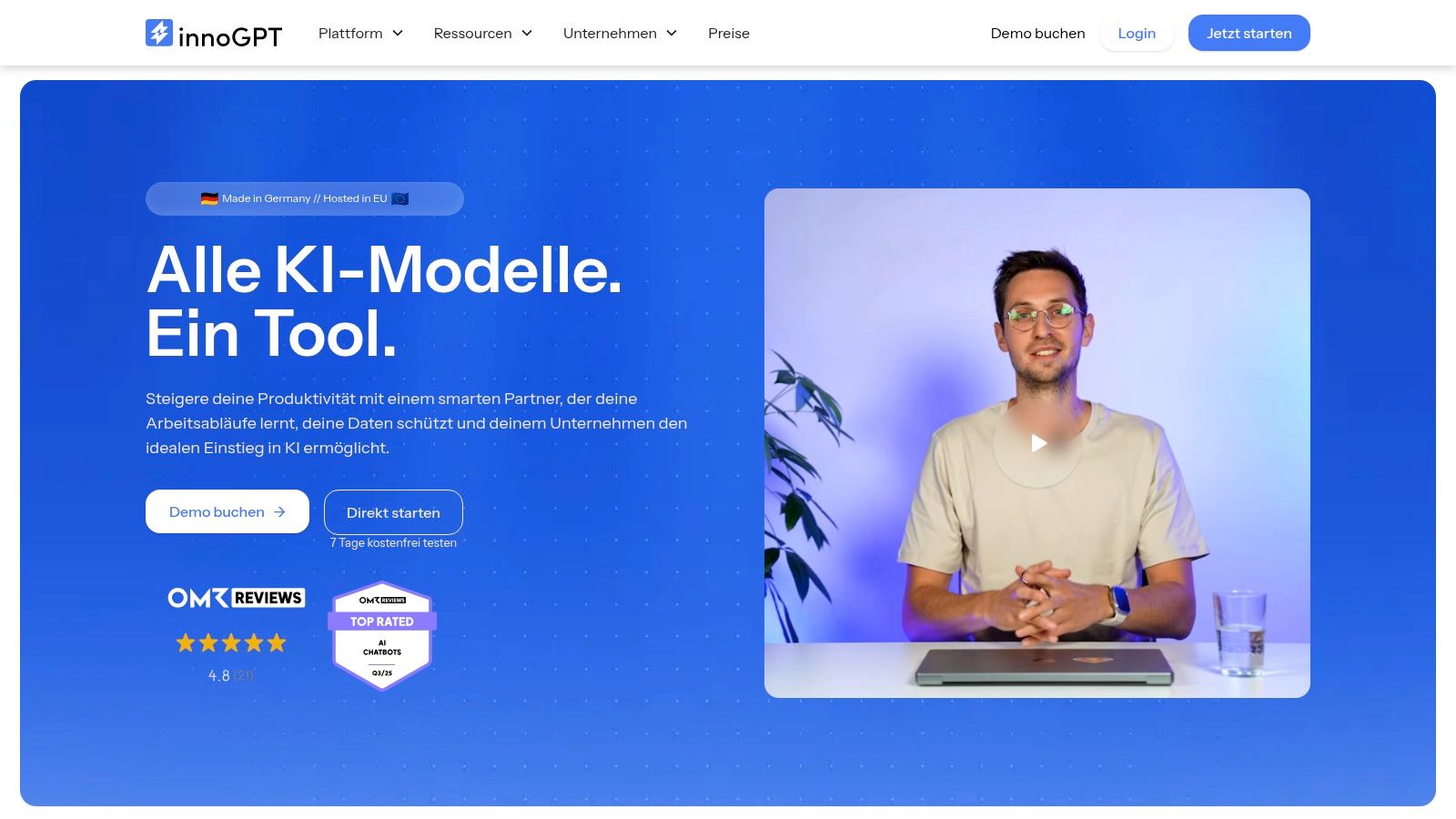 Die Benutzeroberfläche von innoGPT zeigt die vielfältigen Anwendungsmöglichkeiten der KI-Plattform.