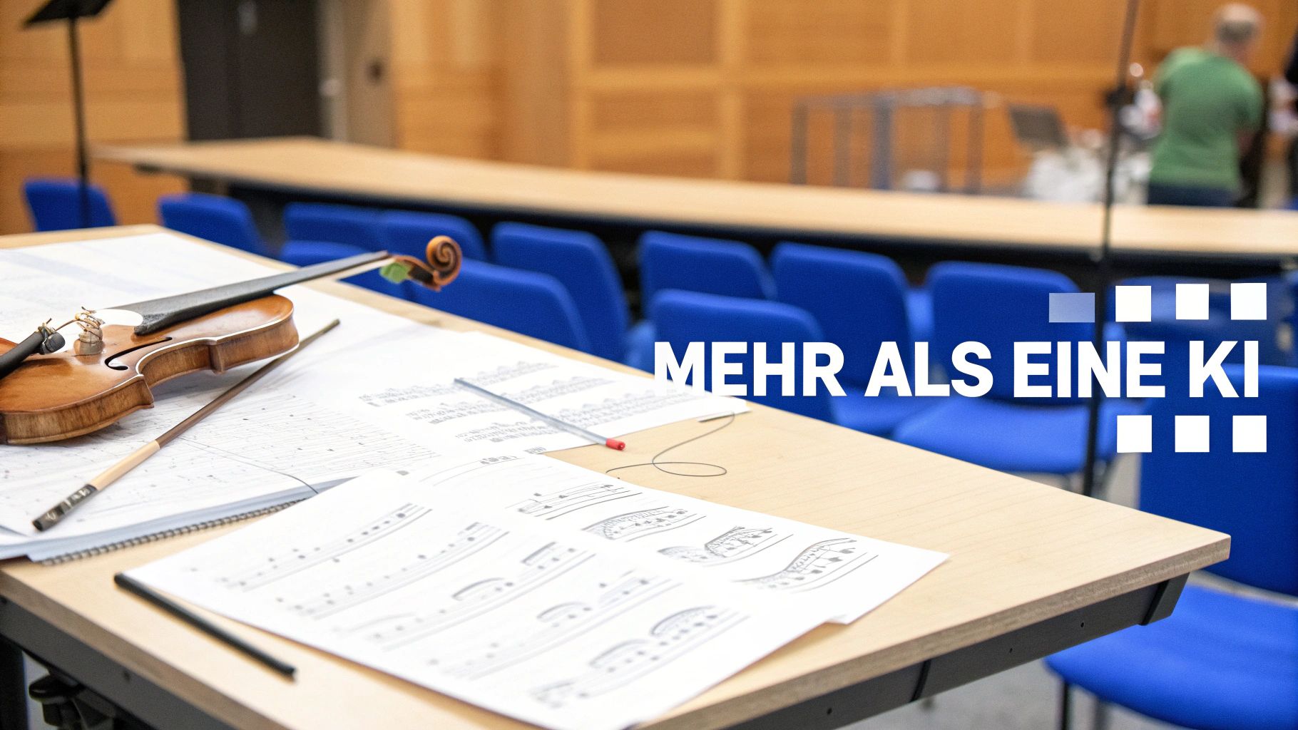 Geige und Notenblätter auf einem Tisch in einem Proberaum mit blauen Stühlen, bereit für Musik.