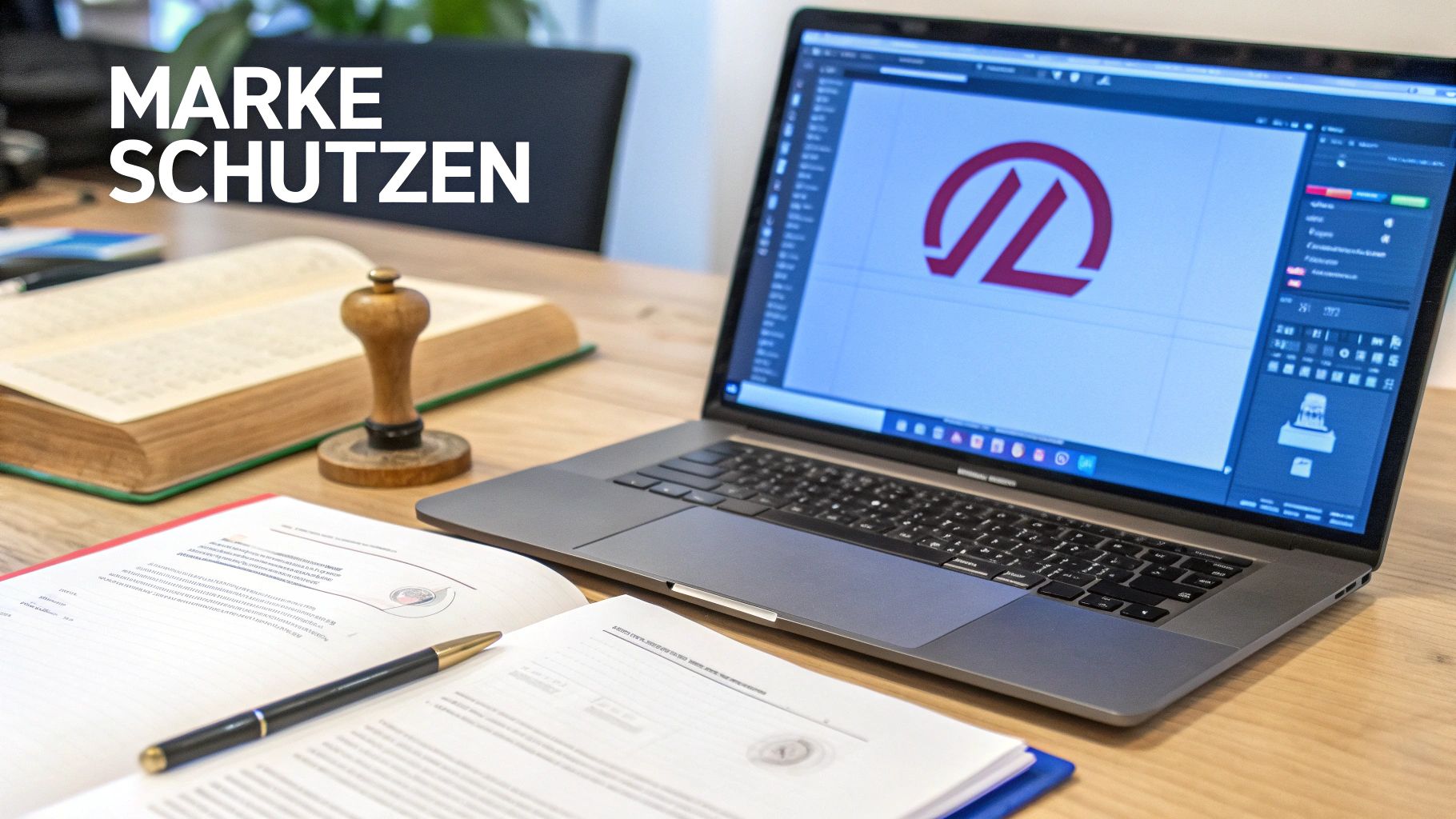 Ein Schreibtisch mit Laptop, offenem Buch und Dokumenten, der das Thema Markenschutz symbolisiert.