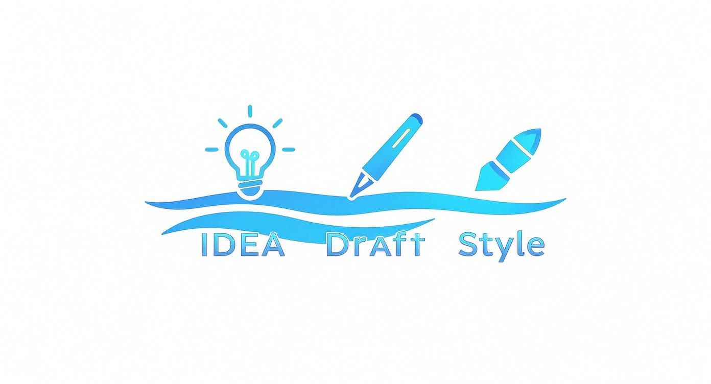 Blaues Logo mit Glühbirne, Stift und Pinsel über Wellen, die Ideen, Entwurf und Stil symbolisieren.