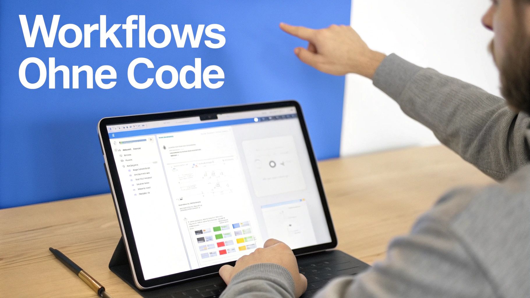 Mann zeigt auf "Workflows Ohne Code" Text an einer blauen Wand, während er ein Tablet mit Workflow-Software bedient.