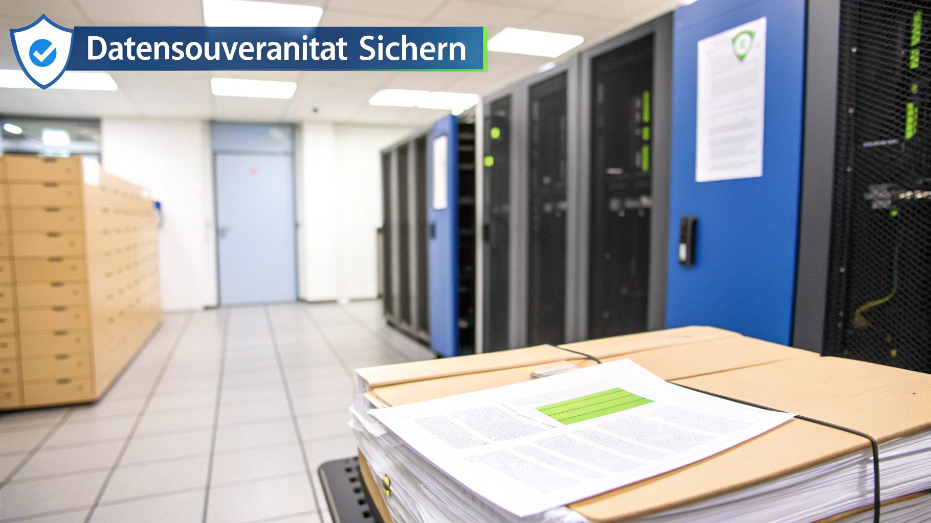 Serverraum mit Datenracks, einem blauen Schrank und Dokumentenstapeln im Vordergrund. Der Text 'Datensouveränität Sichern' ist sichtbar.