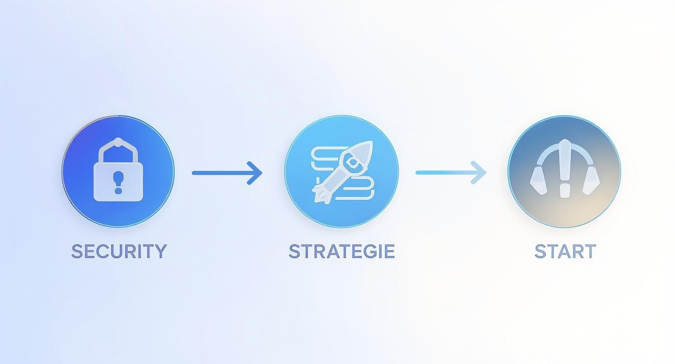 Prozessdiagramm mit den Schritten Sicherheit (Vorhängeschloss), Strategie (Rakete) und Start (Symbol), verbunden durch Pfeile.