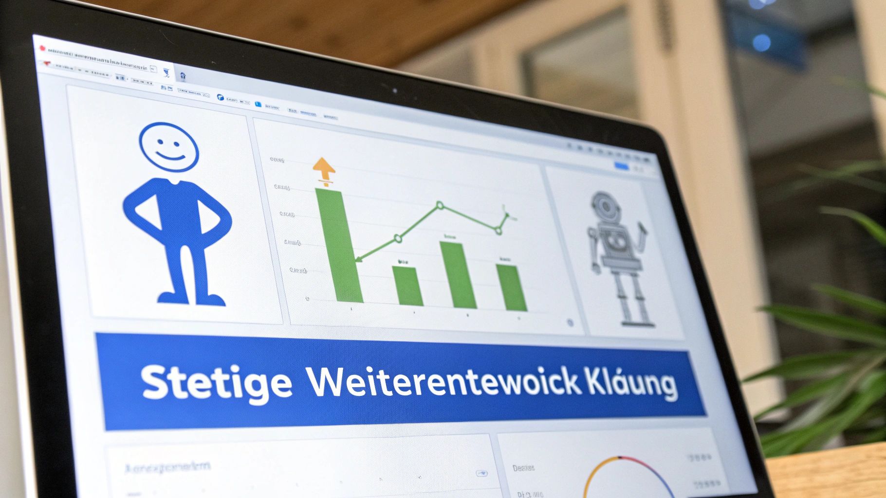 Laptopbildschirm mit Dashboard, das Diagramme, einen lächelnden Strichmännchen und einen Roboter zeigt. Überschrift: Stetige Weiterentwicklung.