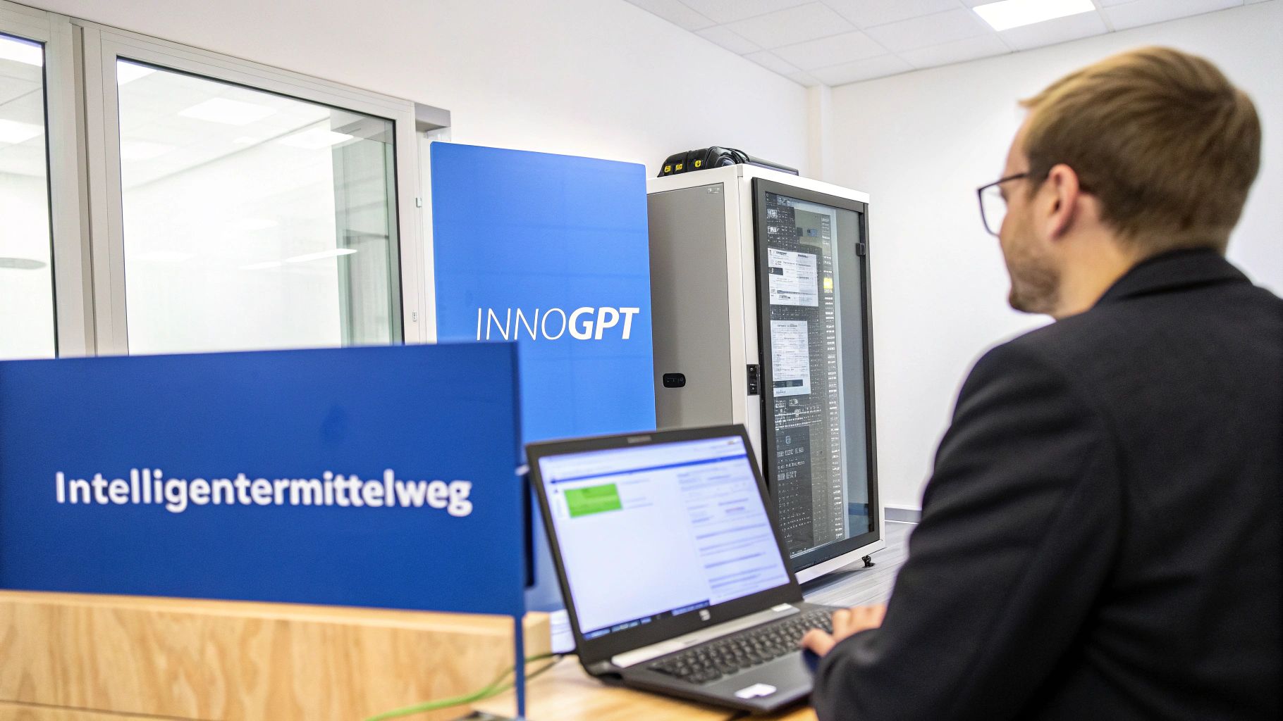 Ein Mann arbeitet an einem Laptop vor einem Server-Rack und Schildern mit „INNOGPT“ und „intelligenter mittelweg“.