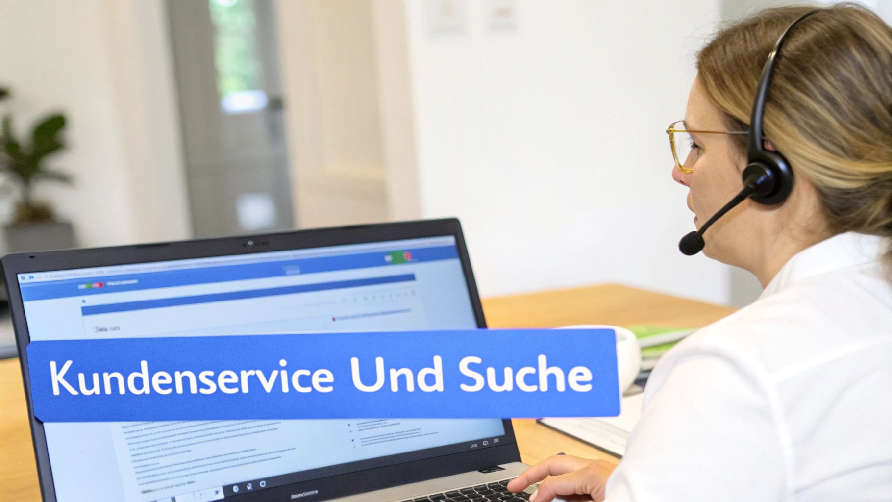 Eine Frau mit Headset und Brille arbeitet an einem Laptop, der "Kundenservice Und Suche" anzeigt, in einer Büro-Umgebung.