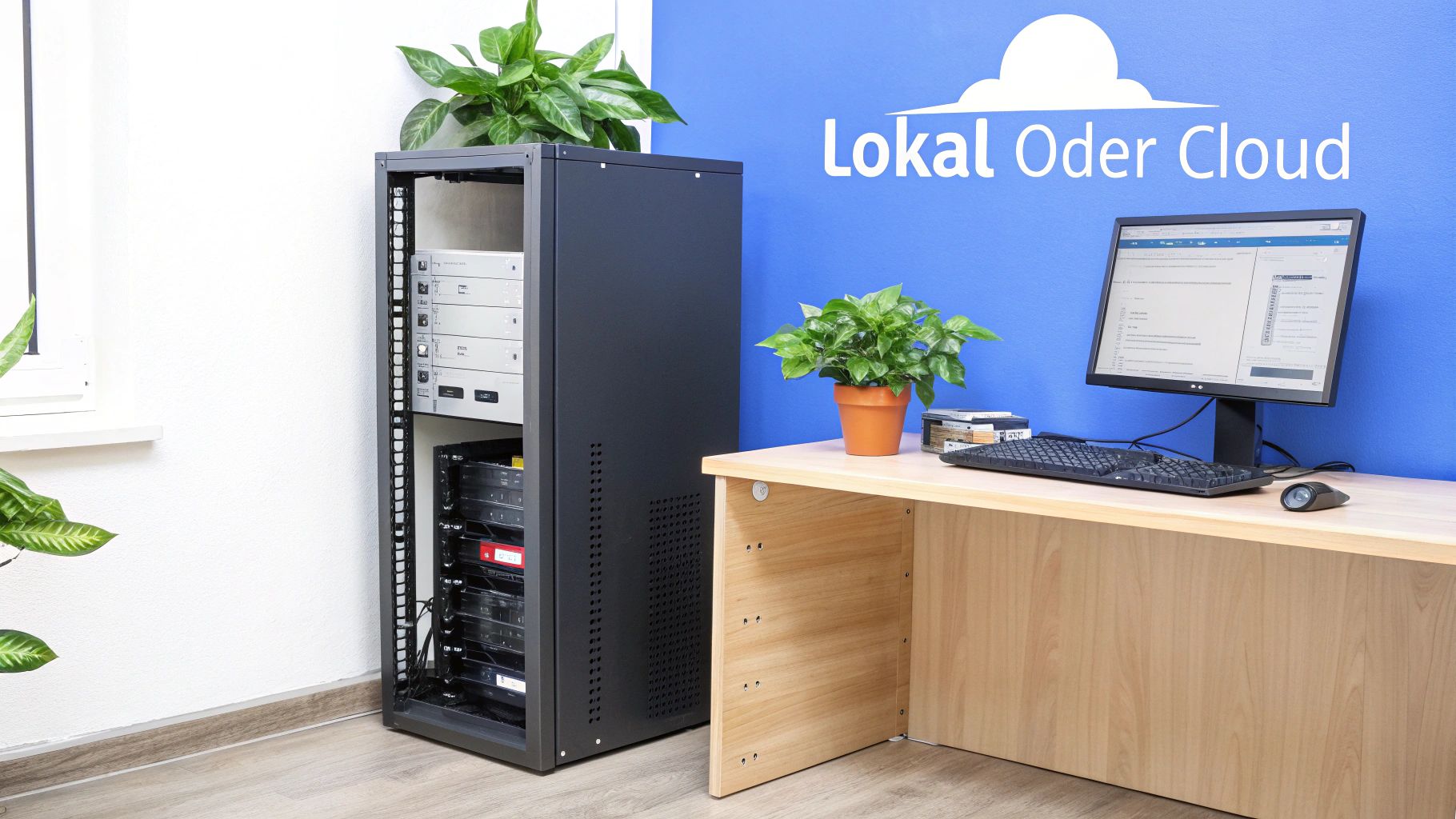 Ein Server-Rack mit Geräten und ein Schreibtisch mit Computer vor einer blauen Wand mit „Lokal Oder Cloud“.