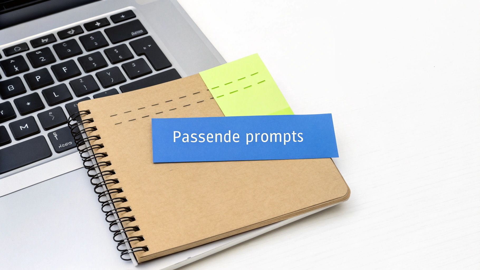 Nahaufnahme eines Laptops mit Notizbuch, grünem Haftzettel und blauem Streifen mit der Aufschrift 'Passende prompts'.