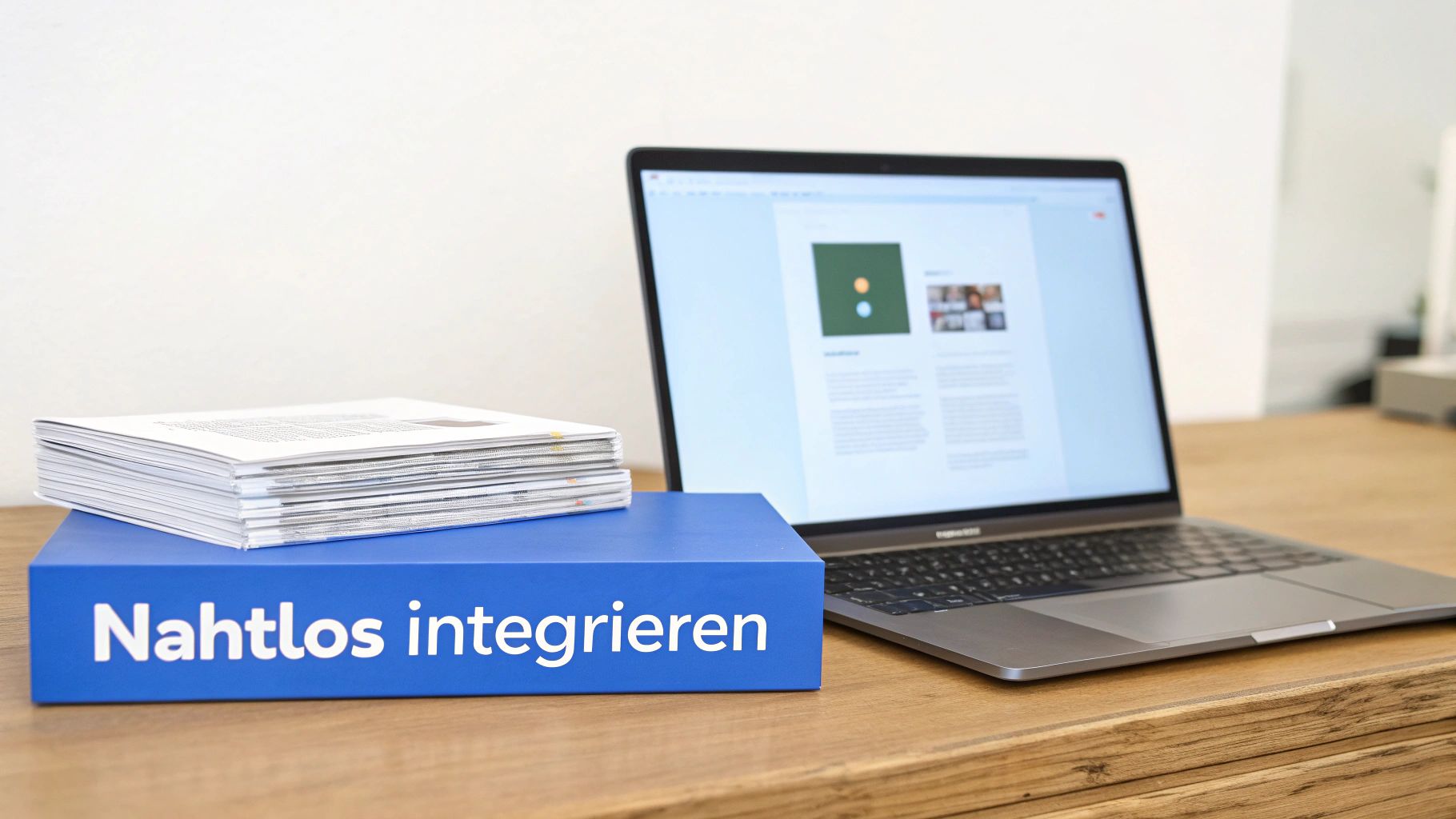 Laptop mit geöffneter Präsentation, daneben ein Stapel Papiere und eine blaue Box auf einem Holzschreibtisch.