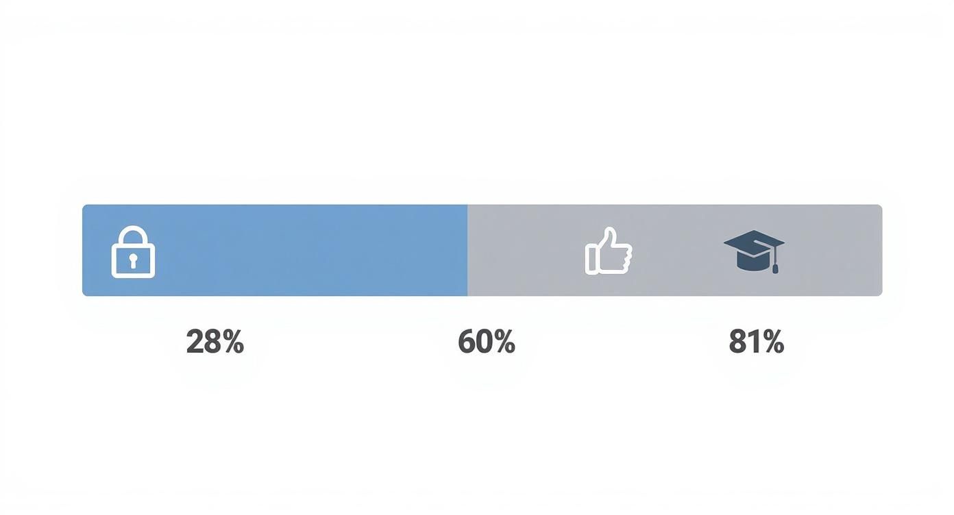 Fortschrittsanzeige mit drei Icons: Schloss (28%), Daumen hoch (60%) und Doktorhut (81%).