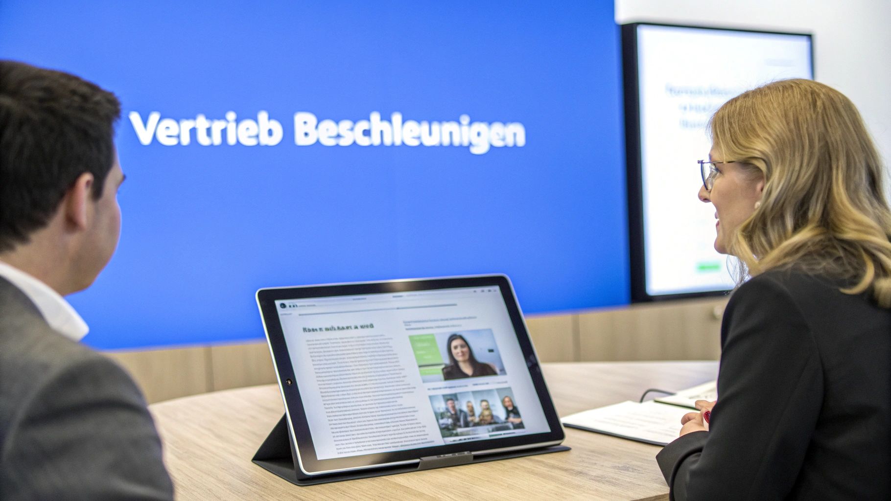 Geschäftstreffen: Zwei Personen betrachten einen Artikel auf einem Tablet. Im Hintergrund zeigt ein Bildschirm 'Vertrieb Beschleunigen'.