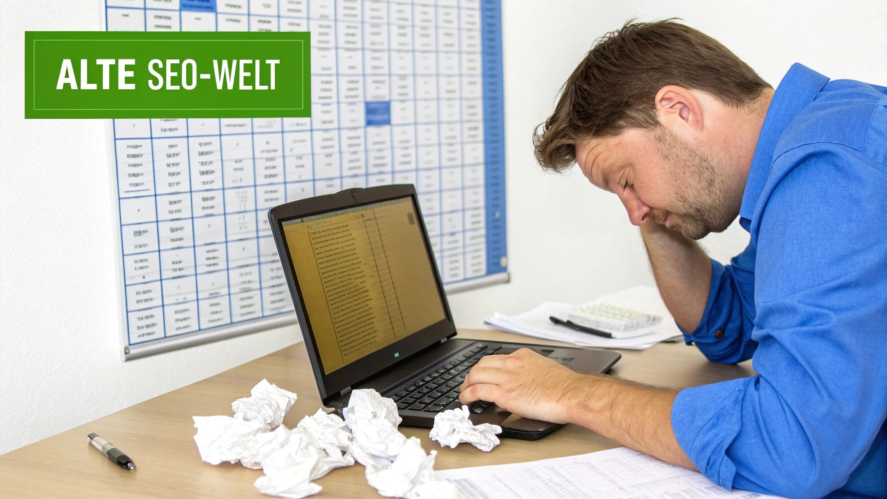 Ein frustrierter Mann arbeitet angestrengt am Laptop mit zerknüllten Papieren auf dem Tisch, symbolisierend die alte SEO-Welt.