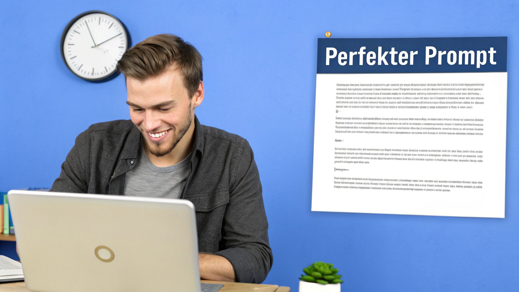 Junger Mann lächelt am Laptop, mit einem Dokument zum 'Perfekten Prompt' an der blauen Wand.