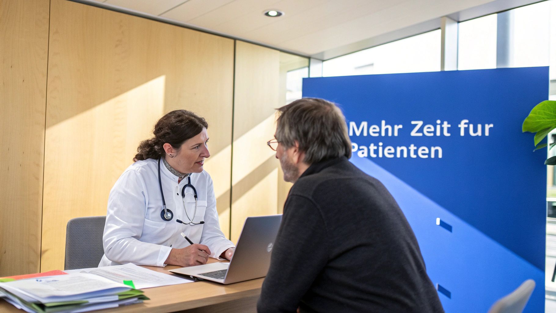 Eine Ärztin spricht mit einem Patienten an einem Schreibtisch, mit dem Slogan 'Mehr Zeit für Patienten' im Hintergrund.