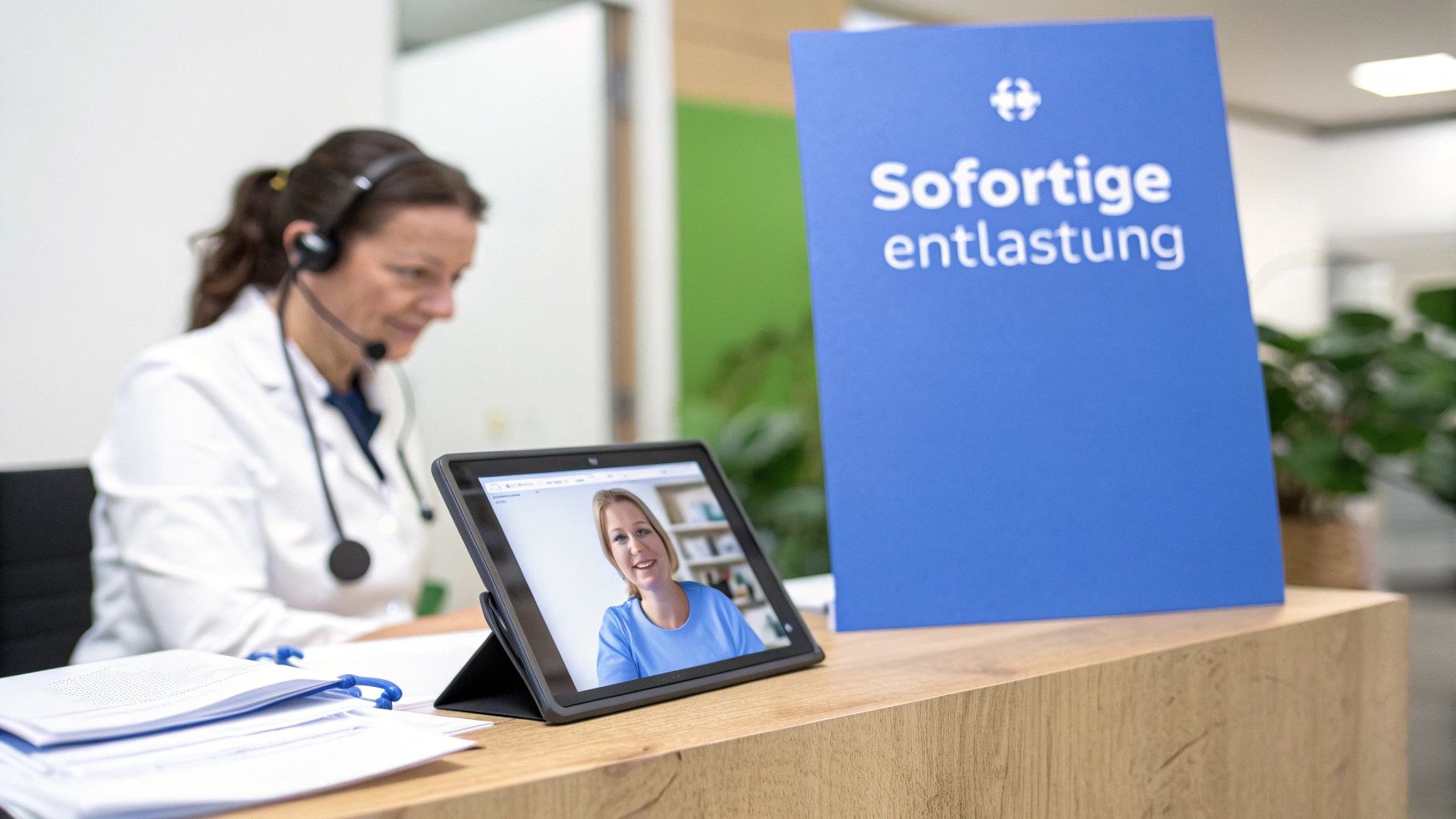 Eine Ärztin im Headset spricht per Videoanruf auf einem Tablet mit einer Patientin, neben einem Schild "Sofortige Entlastung".