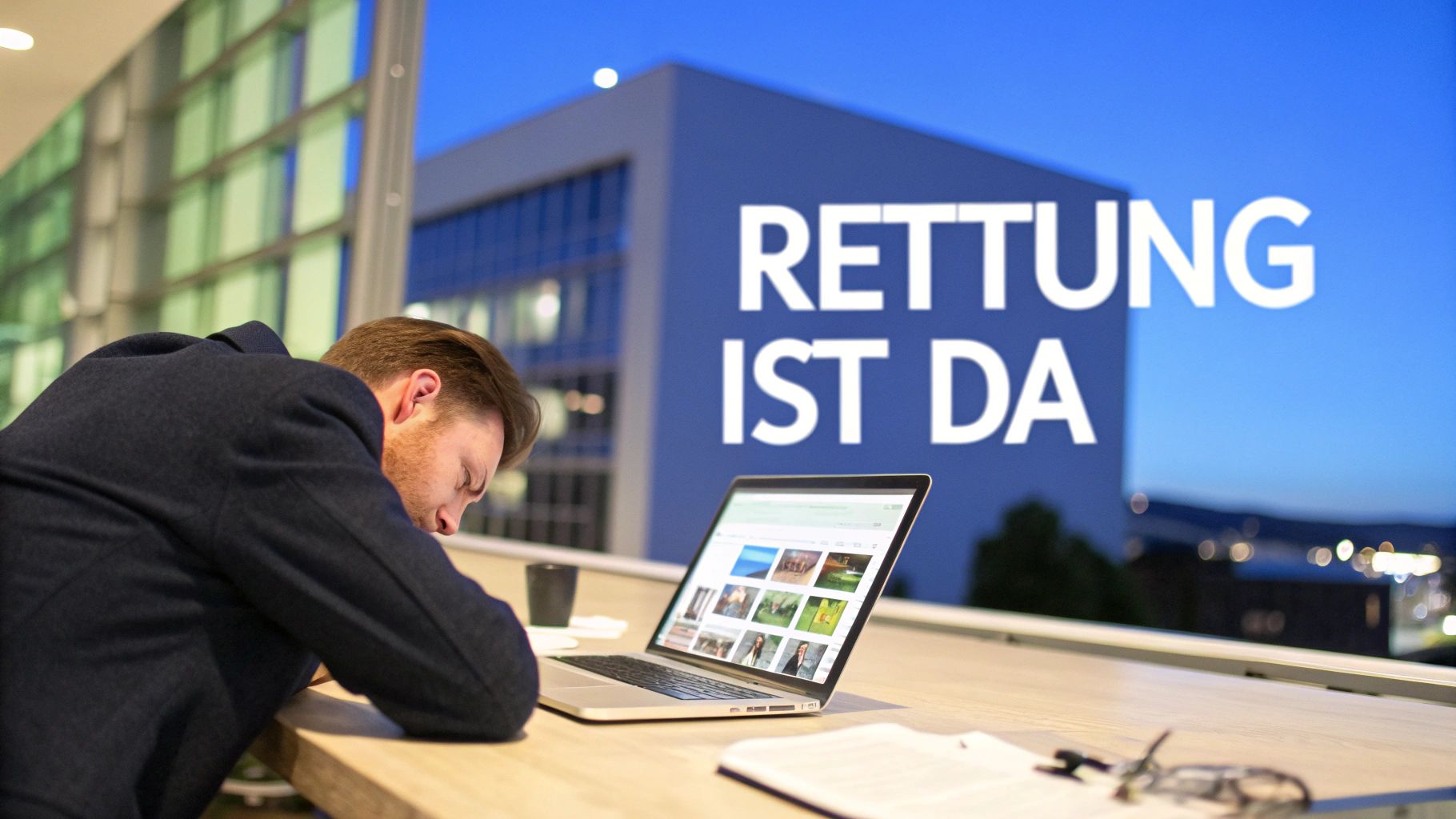 Ein erschöpfter Mann schläft an einem Schreibtisch, während ein Laptop geöffnet ist und "RETTUNG IST DA" im Hintergrund erscheint.