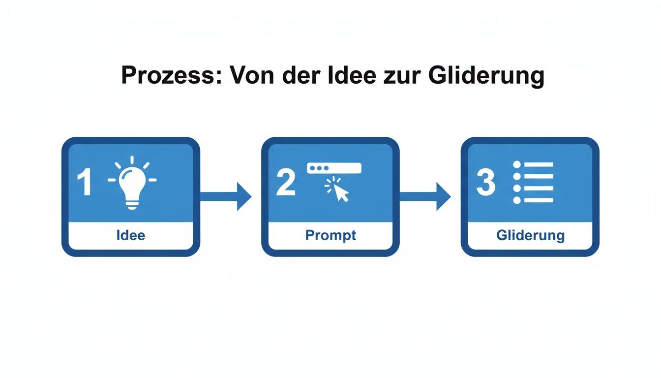 Ein Prozessdiagramm zeigt die Schritte von einer Idee über einen Prompt zur Gliederung, symbolisiert durch Icons und Pfeile.