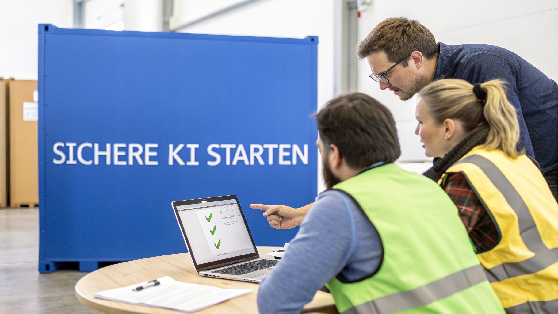 Drei Personen, darunter zwei mit Warnwesten, schauen gemeinsam auf einen Laptop vor einem blauen Container mit der Aufschrift 'SICHERE KI STARTEN' in einem Lager.