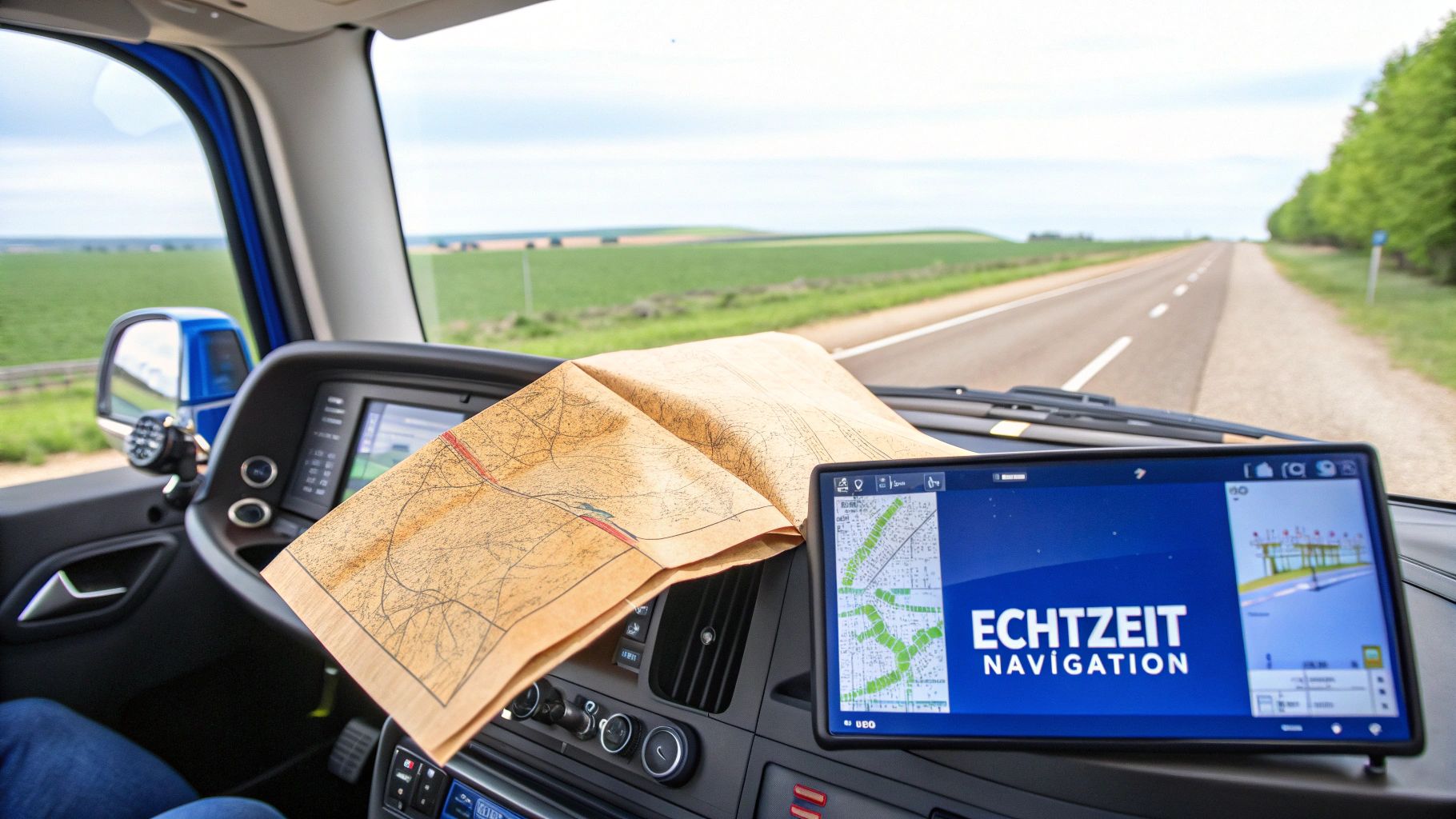 Im Cockpit eines Fahrzeugs liegen eine Karte und ein Echtzeit-Navigationssystem nebeneinander auf dem Armaturenbrett.