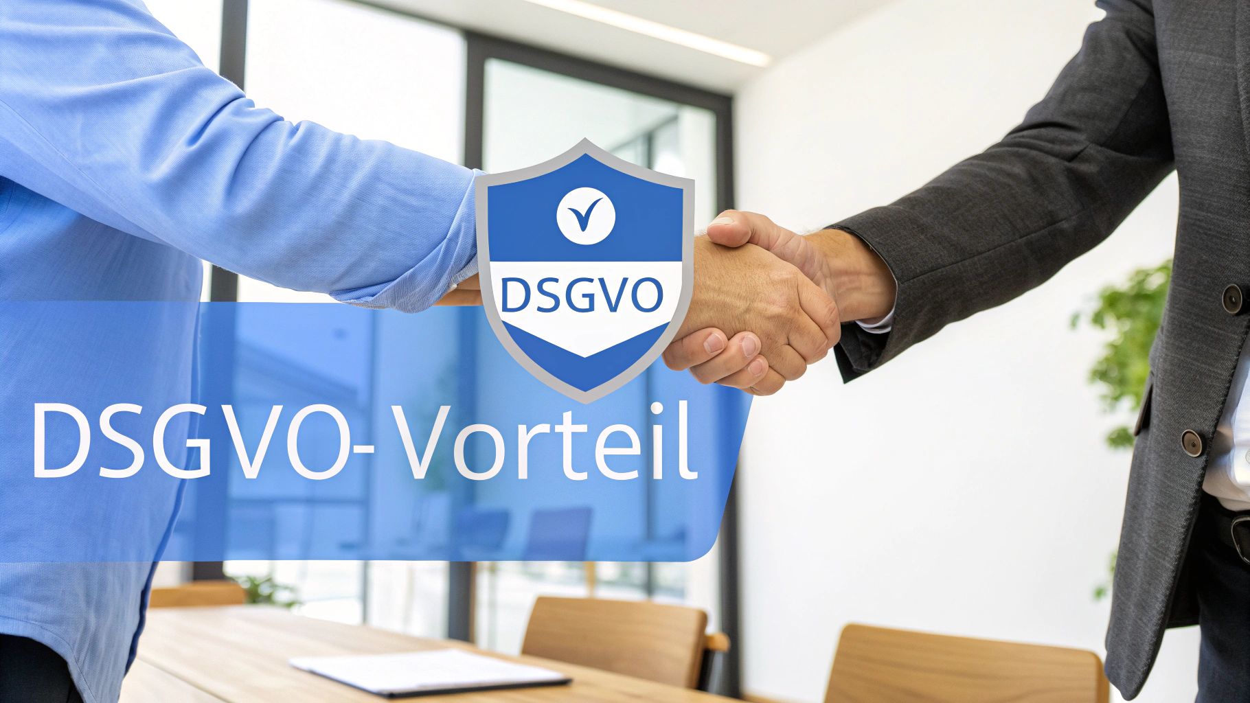 Zwei Geschäftsleute schütteln Hände, mit DSGVO-Logo und Text 'DSGVO-Vorteil' in einem Büro.