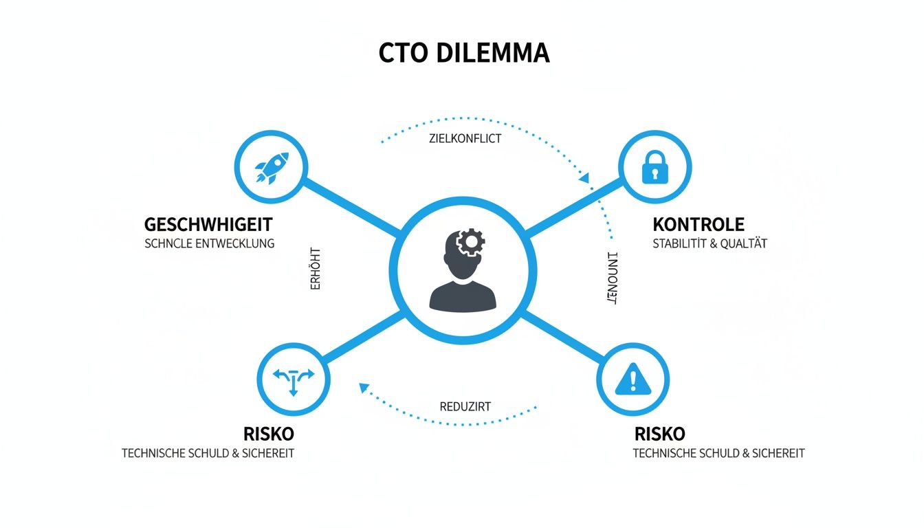 Diagramm 'CTO Dilemma' visualisiert den Zielkonflikt zwischen Geschwindigkeit, Kontrolle und Risiko für einen CTO.