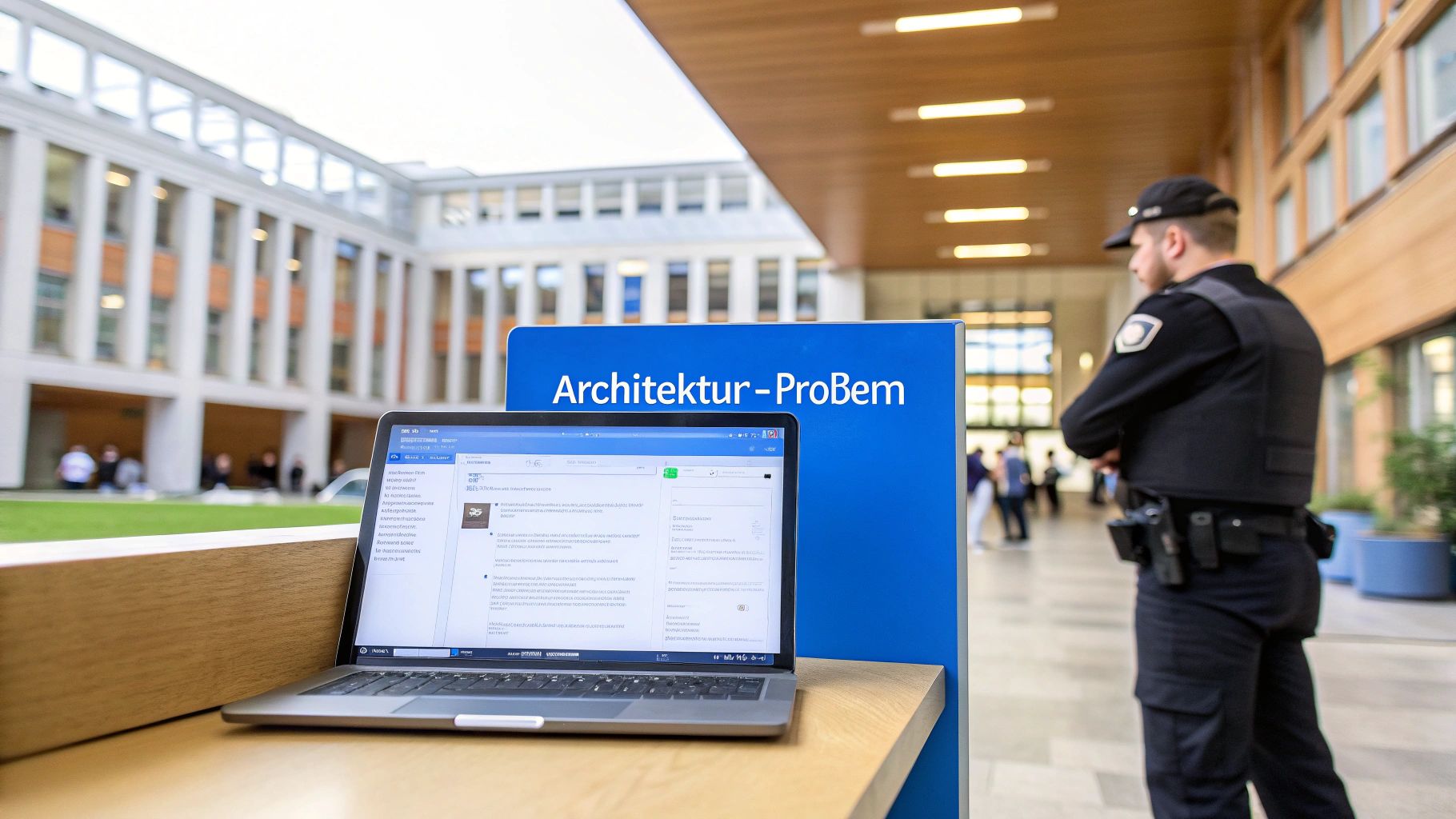 Laptop auf Holzablage neben blauem Schild 'Architektur-ProBem' in moderner Gebäudeeinrichtung mit Sicherheitskraft.