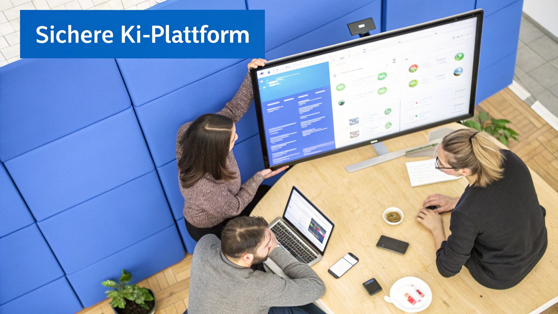 Drei Personen arbeiten an einem Schreibtisch mit großem Monitor und Laptop, beleuchtet von einem Overlay 'Sichere Ki-Plattform'.