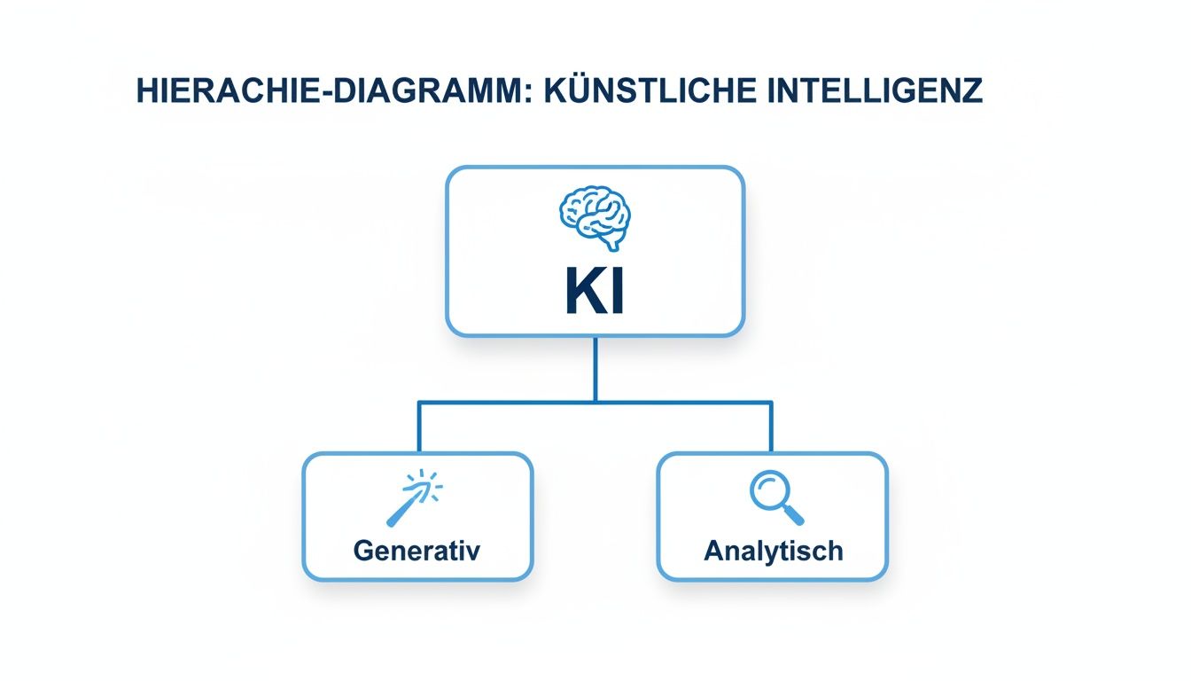 Hierarchie-Diagramm, das künstliche Intelligenz (KI) in generative und analytische Typen unterteilt, mit entsprechenden Symbolen.