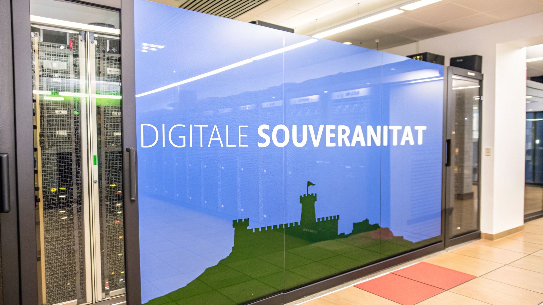 Blick in ein Rechenzentrum mit leuchtenden Server-Racks und einer blauen Wandaufschrift 'Digitale Souveränität'.