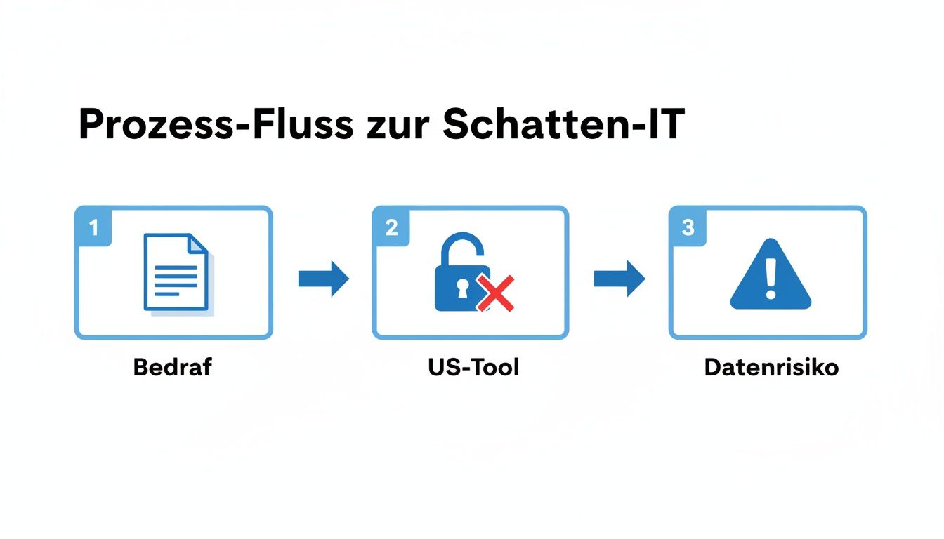 Diagramm, das den Prozessfluss zur Schatten-IT darstellt, von Bedarf über US-Tools bis zum Datenrisiko.