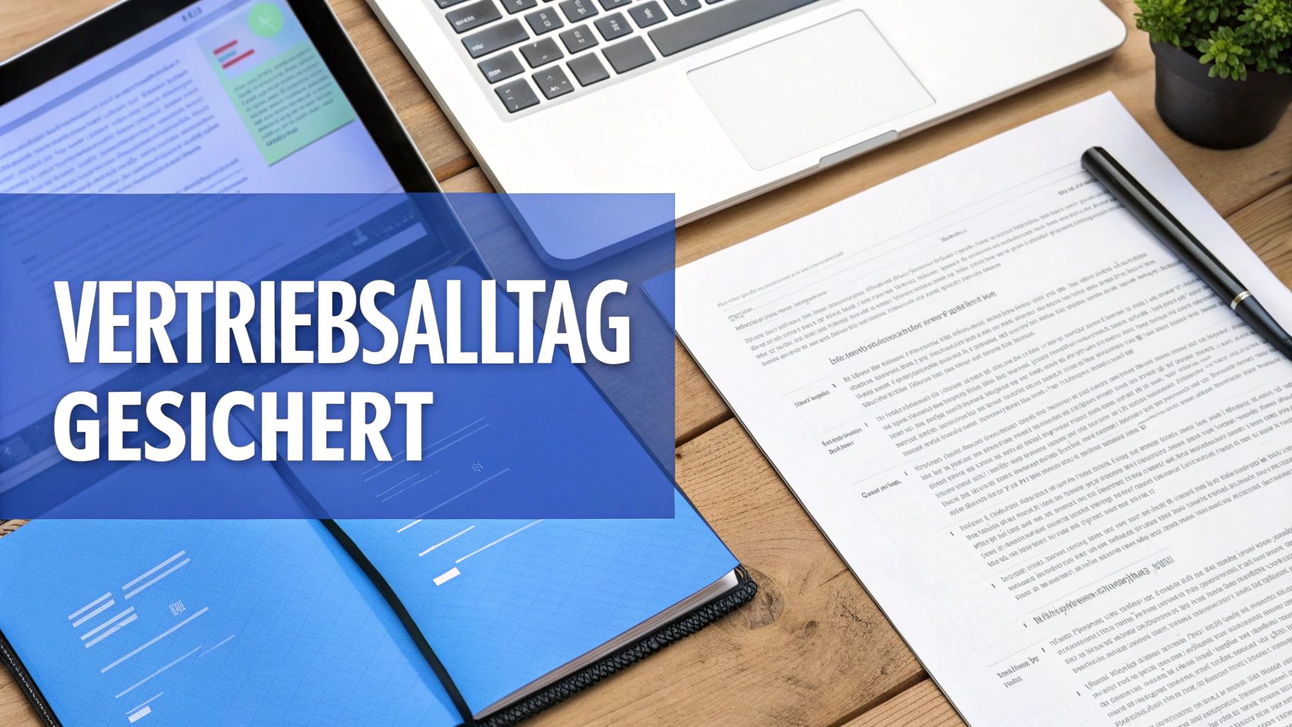 Schreibtisch mit Laptop, Tablet und Dokumenten, überlagert von einem blauen Banner mit der Aufschrift 'VERTRIEBSALLTAG GESICHERT'.