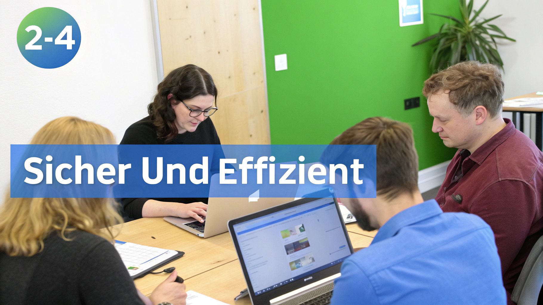 Vier Personen arbeiten gemeinsam an Laptops an einem Holztisch in einem modernen Büro. Bannertext: Sicher und Effizient.