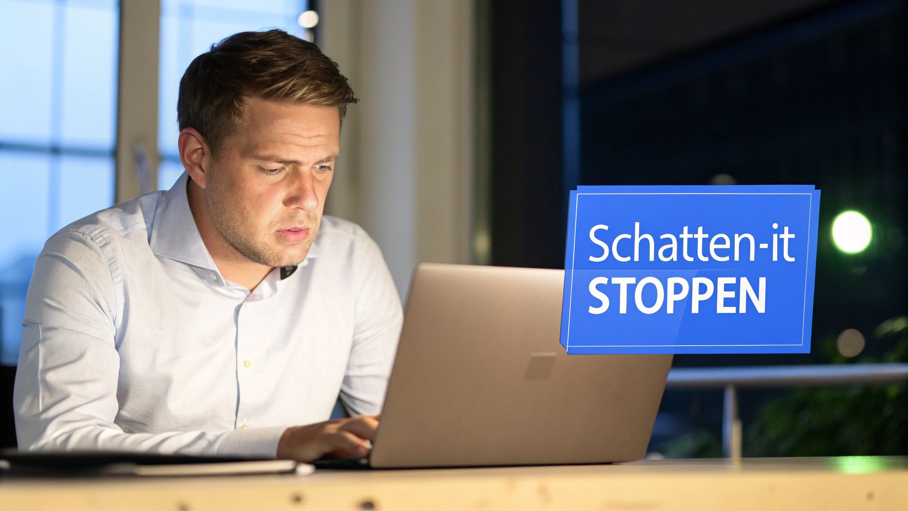Ein konzentrierter Mann arbeitet konzentriert an einem Laptop, daneben eine Infobox mit der Aufschrift „Schatten-it STOPPEN“.