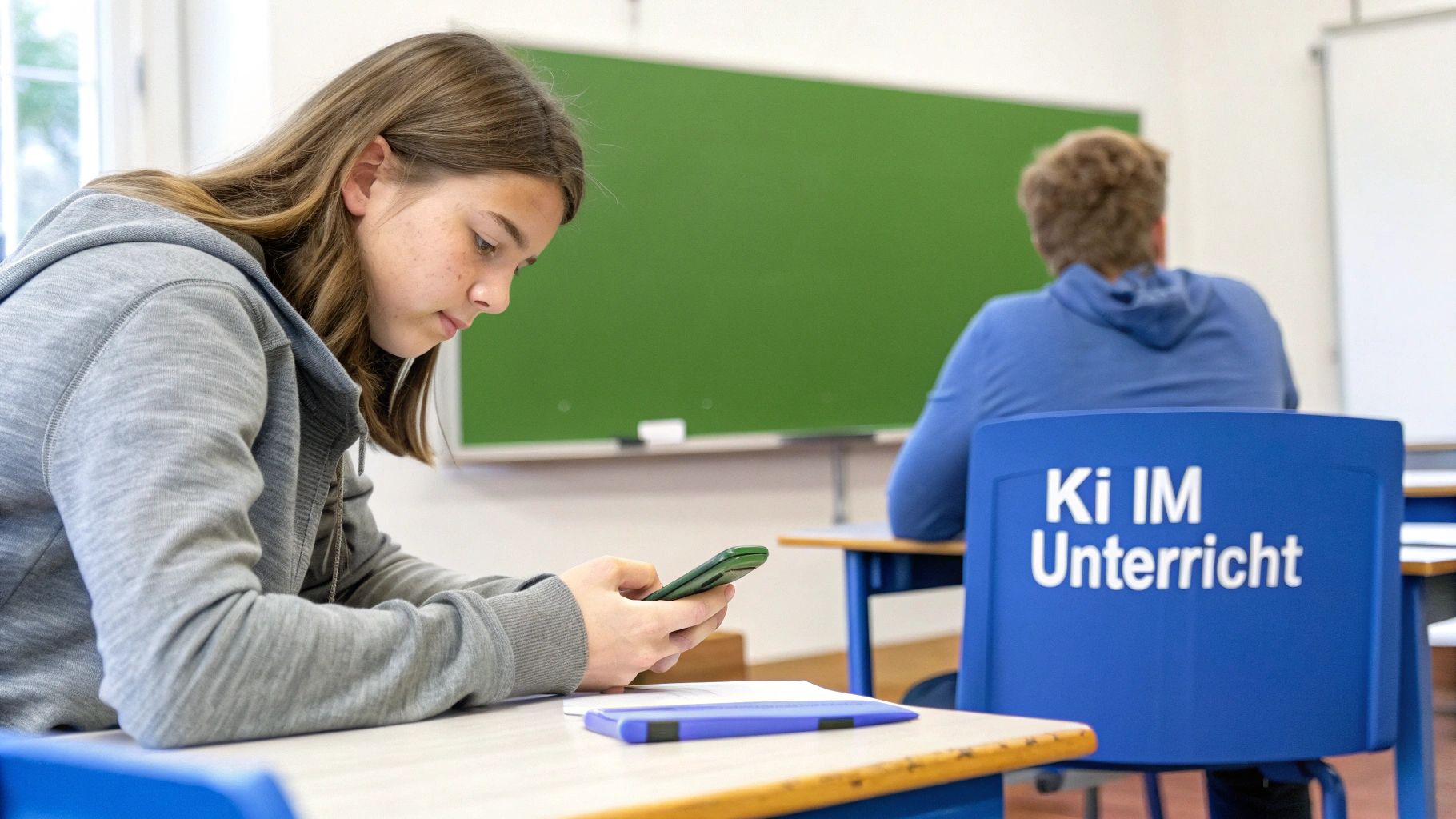 Schüler im Klassenzimmer, ein Mädchen benutzt ihr Smartphone. Im Hintergrund eine grüne Tafel und ein Stuhl mit der Aufschrift 'Ki IM Unterricht'.