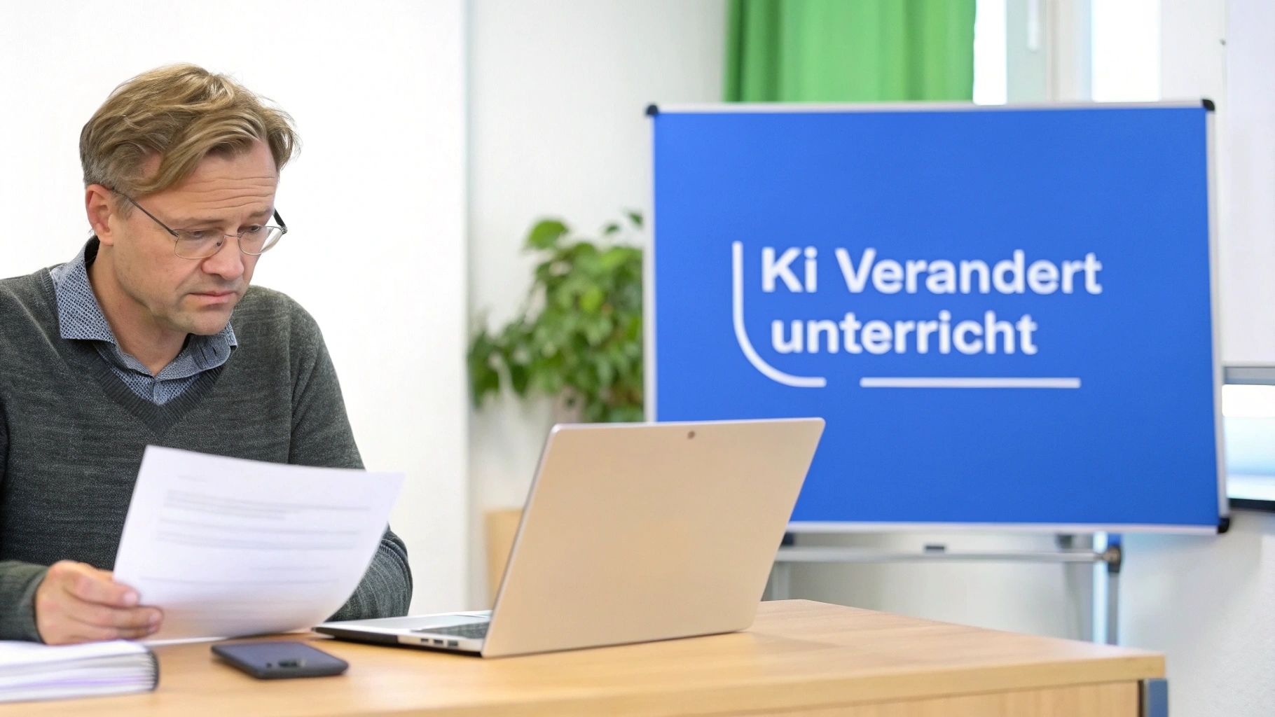 Mann sitzt am Schreibtisch, liest Dokumente vor Laptop. Im Hintergrund ist ein Schild mit 'Ki Verändert unterricht'.