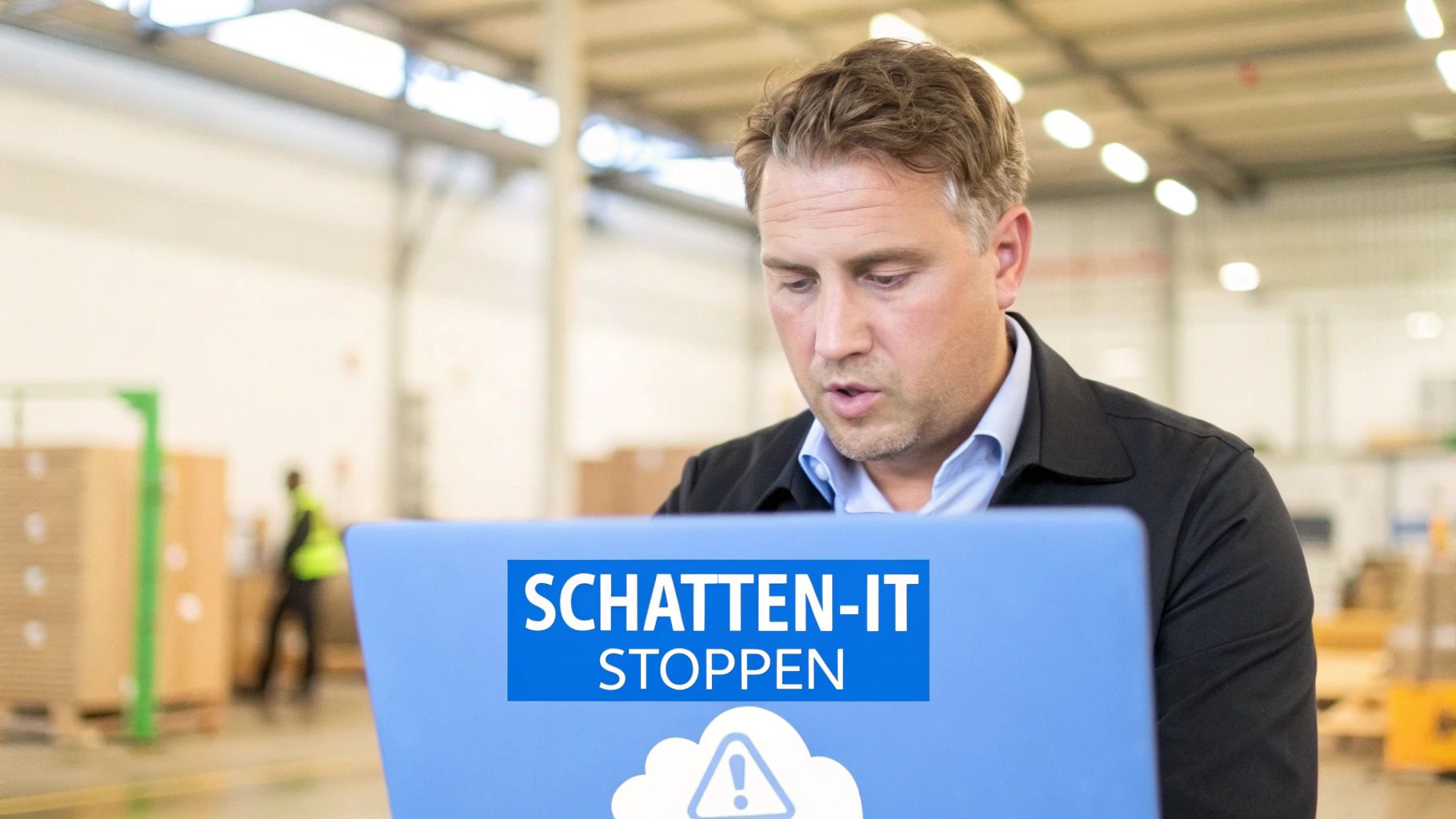 Ein Mann arbeitet in einem Lager an einem Laptop, auf dem der Text 'SCHATTEN-IT STOPPEN' und ein Warnsymbol zu sehen ist.