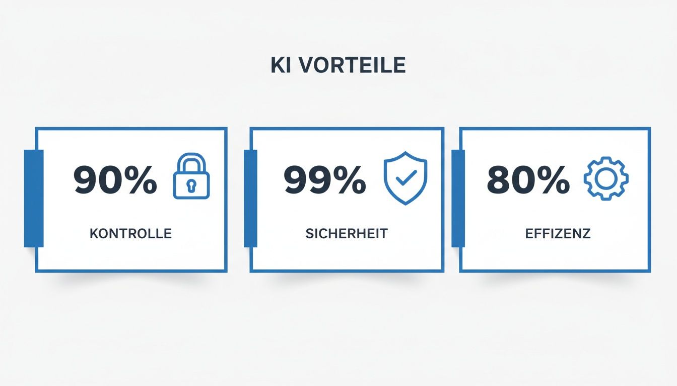 Infografik zeigt KI-Vorteile: 90% Kontrolle, 99% Sicherheit und 80% Effizienz mit Symbolen.