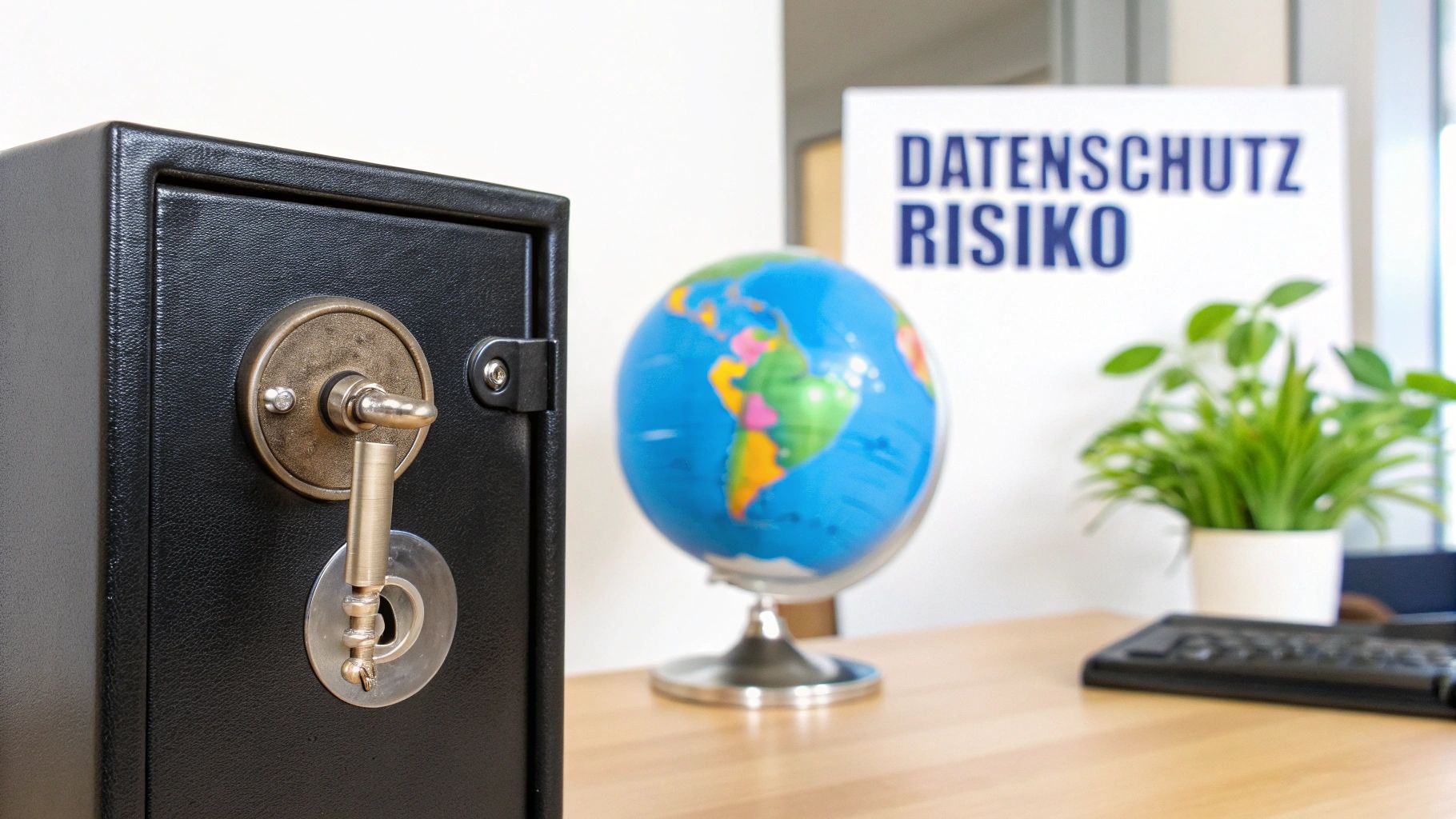 Ein schwarzer Tresor mit Schlüssel vor einem unscharfen Hintergrund mit Globus und „DATENSCHUTZ RISIKO“-Schild.