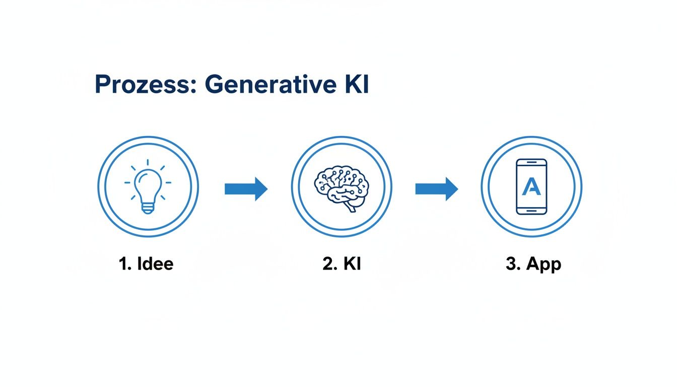 Prozessablauf der generativen KI: Von der Idee über die KI-Verarbeitung bis zur mobilen App-Entwicklung.
