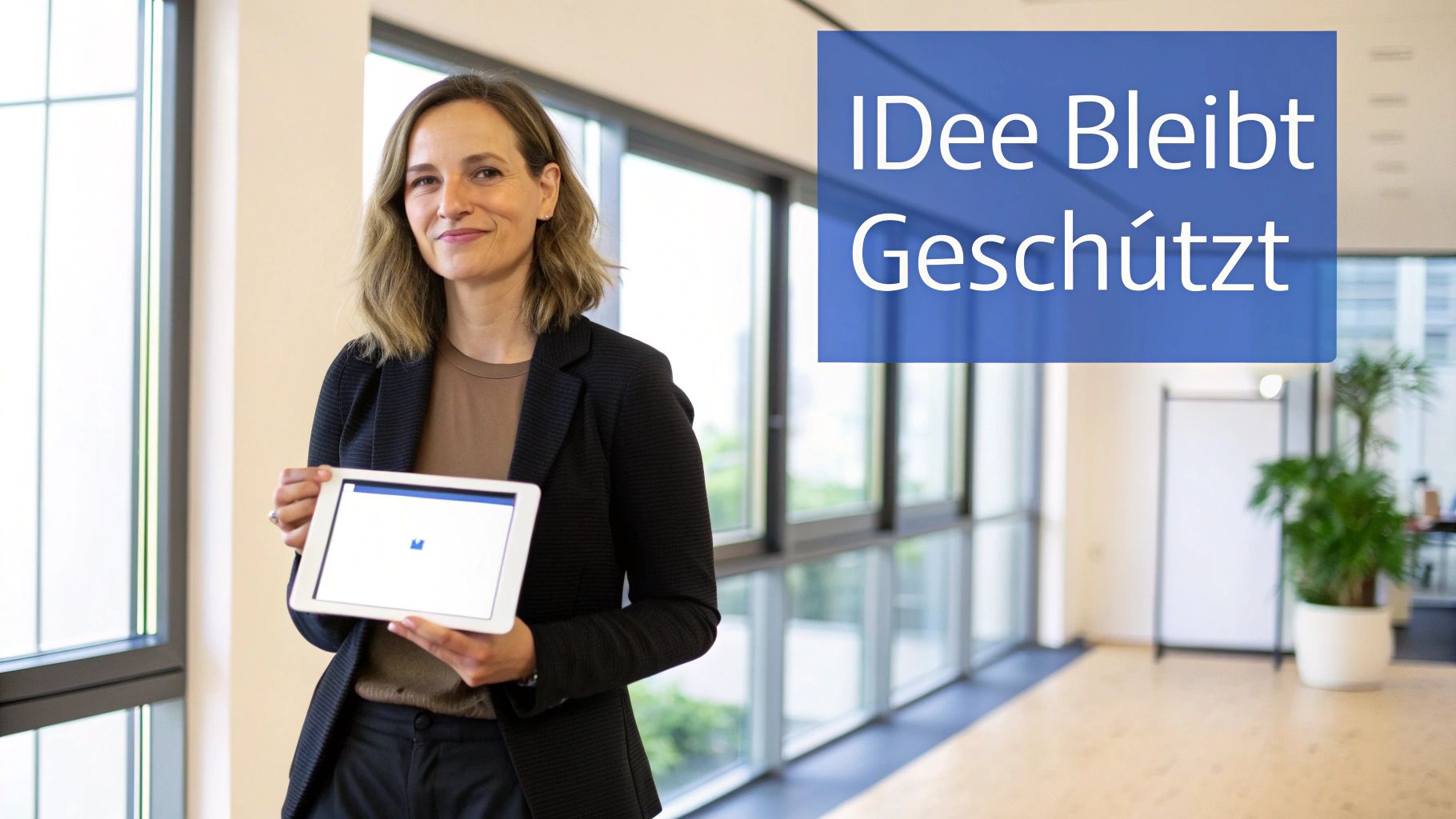 Geschäftsfrau hält Tablet mit App in modernem Büro, Text: „IDee Bleibt Geschützt“.