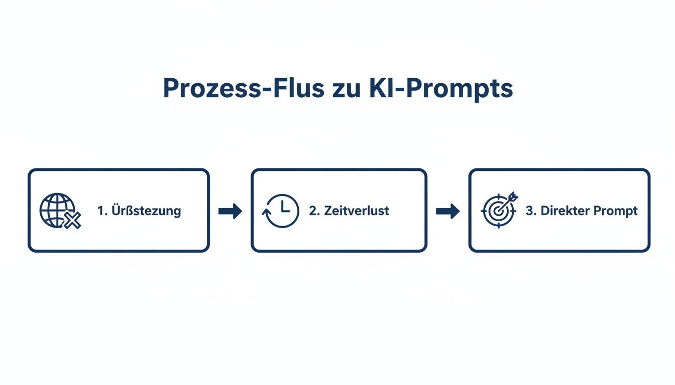 Flussdiagramm zum Prozess der KI-Prompts: Übersetzung führt zu Zeitverlust, Ziel ist ein direkter Prompt.