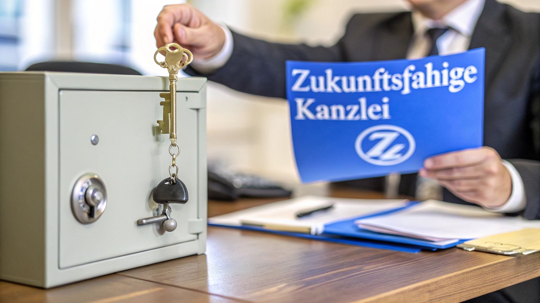 Hand hält goldenen Schlüssel vor einem Tresor, während im Hintergrund eine blaue Mappe mit 'Zukunftsfähige Kanzlei' zu sehen ist.