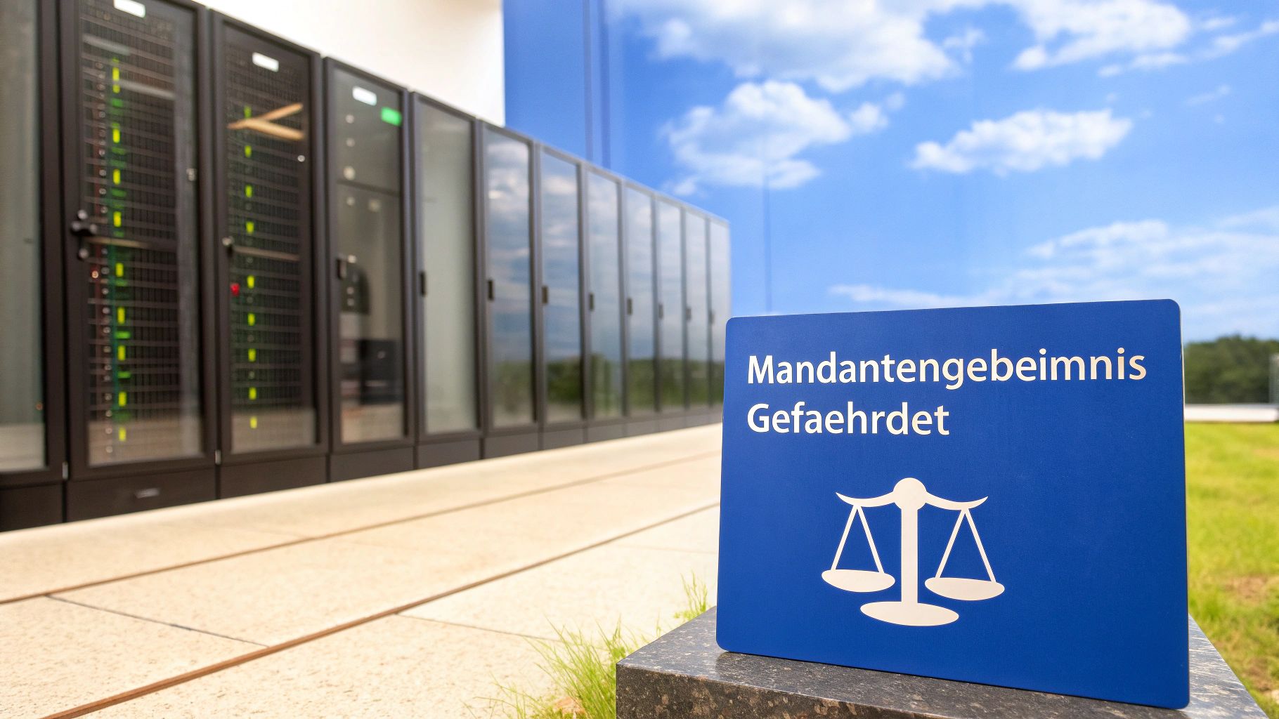 Blaues Schild mit Jurawaage und der Aufschrift 'Mandantengeheimnis Gefaehrdet' vor Serverracks unter blauem Himmel.
