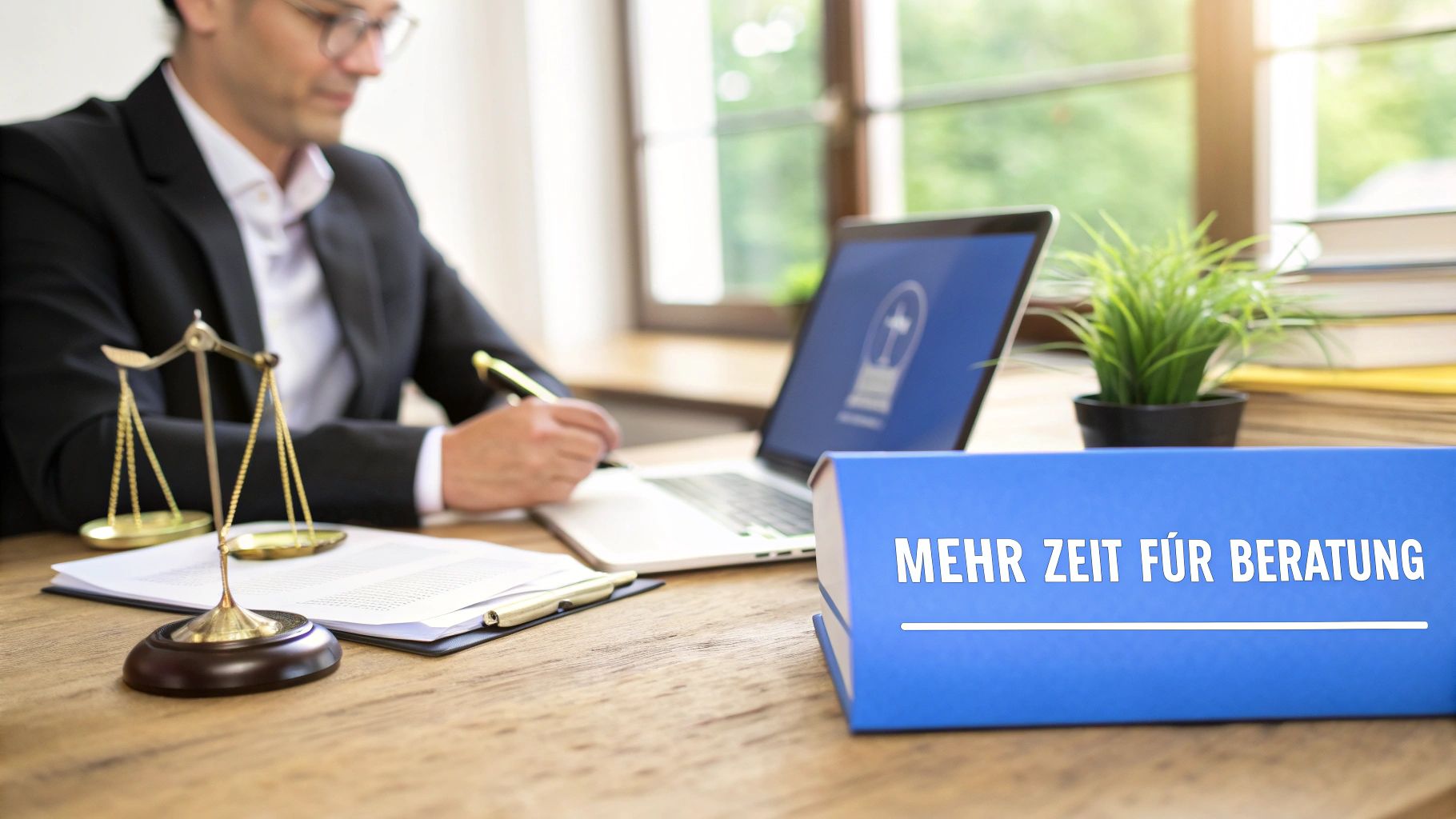 Ein Anwalt arbeitet am Schreibtisch, mit Waage der Gerechtigkeit und einem Schild 'MEHR ZEIT FÜR BERATUNG'.