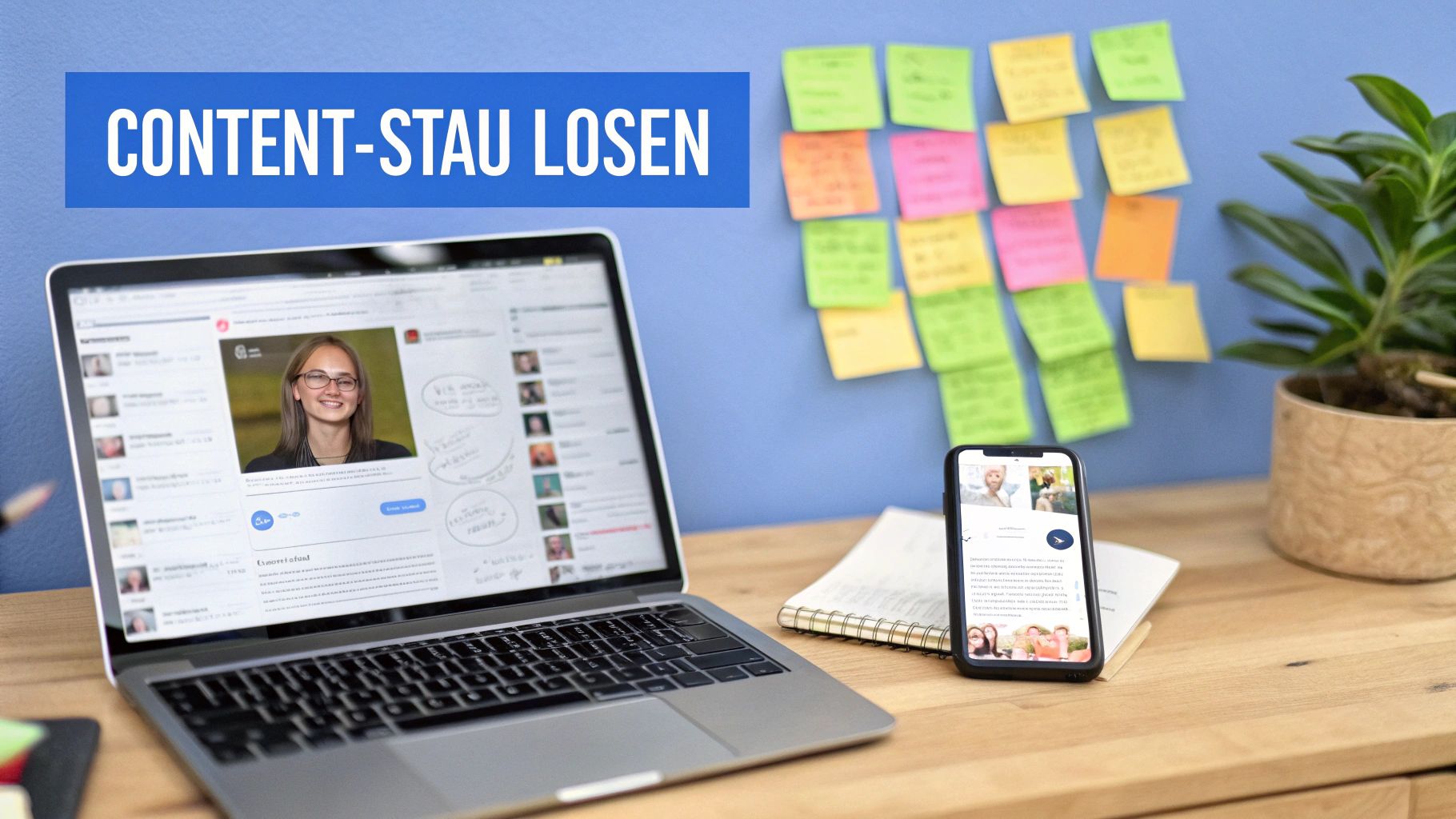 Digitaler Arbeitsplatz mit Laptop, Smartphone, bunten Notizzetteln und dem Text "CONTENT-STAU LÖSEN".
