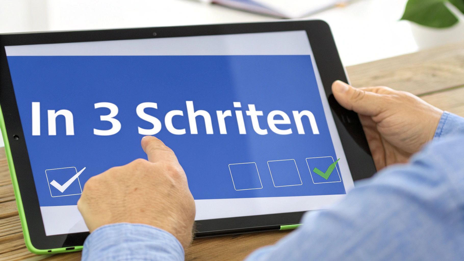 Person hält ein Tablet, das 'In 3 Schritten' und eine Checkliste mit zwei angekreuzten Feldern anzeigt.