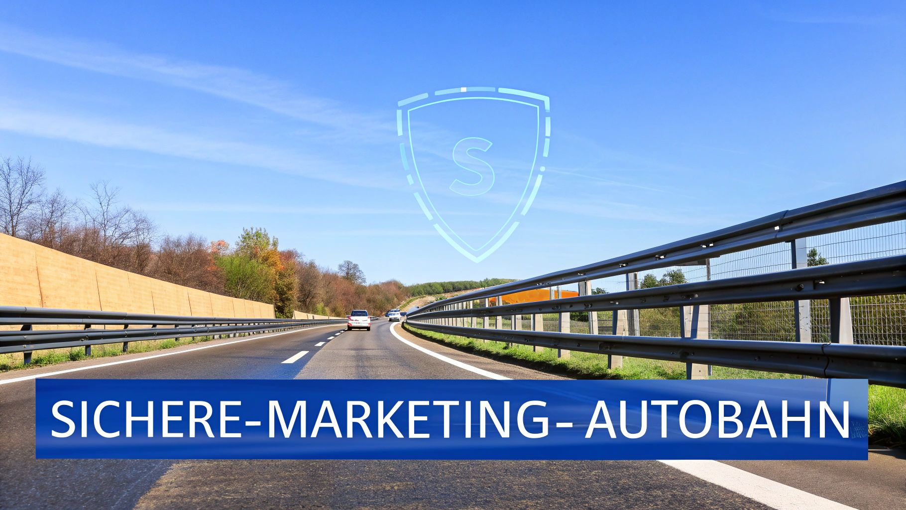 Autobahn mit fahrenden Autos unter blauem Himmel, digitalem Schutzschild und Text 'SICHERE-MARKETING-AUTOBAHN'.