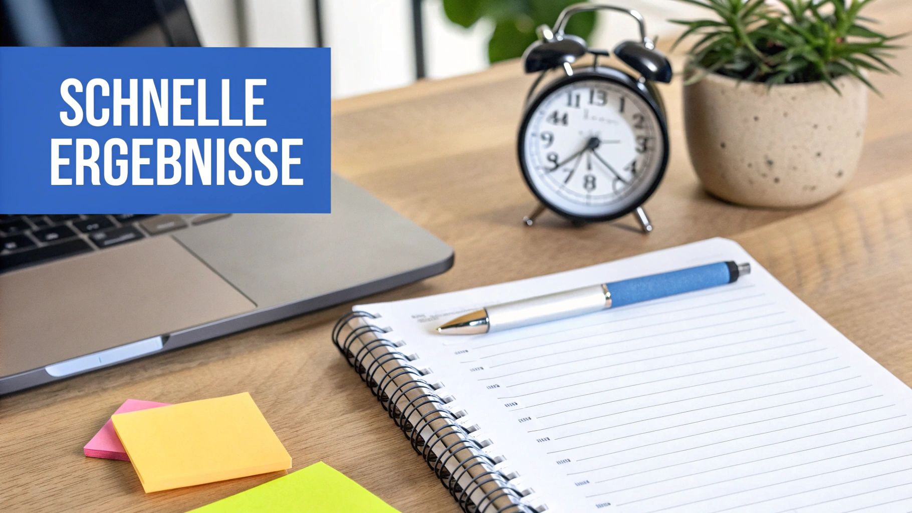 Ein Schreibtisch mit Laptop, Notizbuch, Stift, Wecker und Haftnotizen, darüber ein blauer Banner mit „SCHNELLE ERGEBNISSE“.