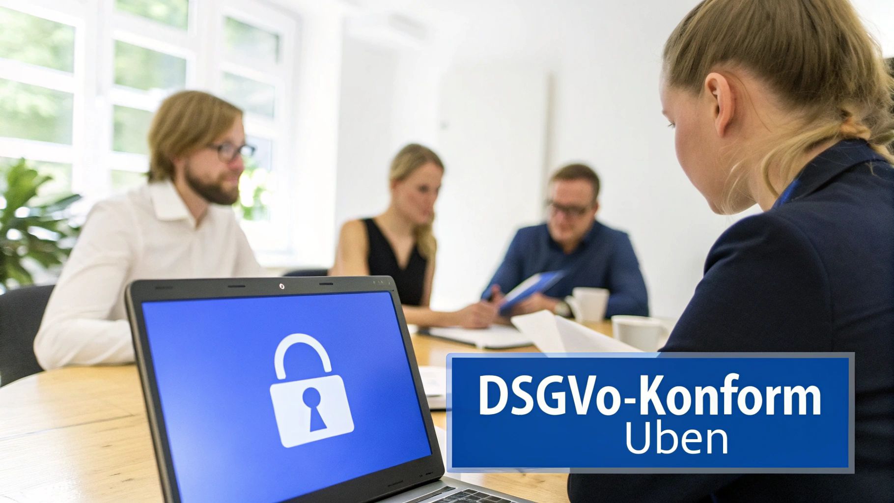 Vier Personen in einem Meeting, mit einem Laptop, der ein Schloss-Symbol und 'DSGVo-Konform Uben' zeigt, das Datenschutz betrifft.