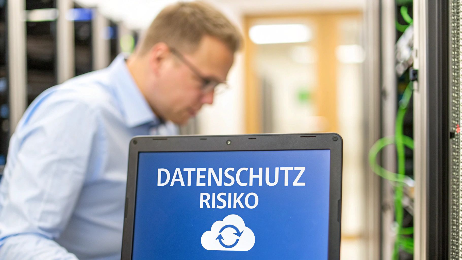 Ein Mann in einem Serverraum betrachtet einen Laptopbildschirm mit der Aufschrift "Datenschutz Risiko" und einem Cloud-Symbol.